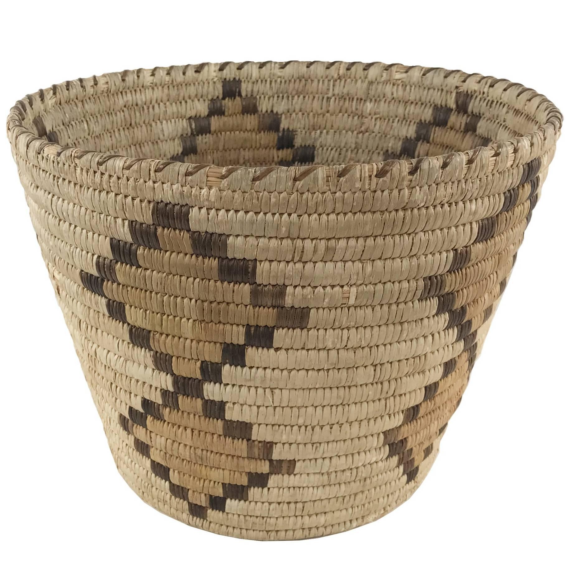 Twined Native American Basket with Diamond Motif