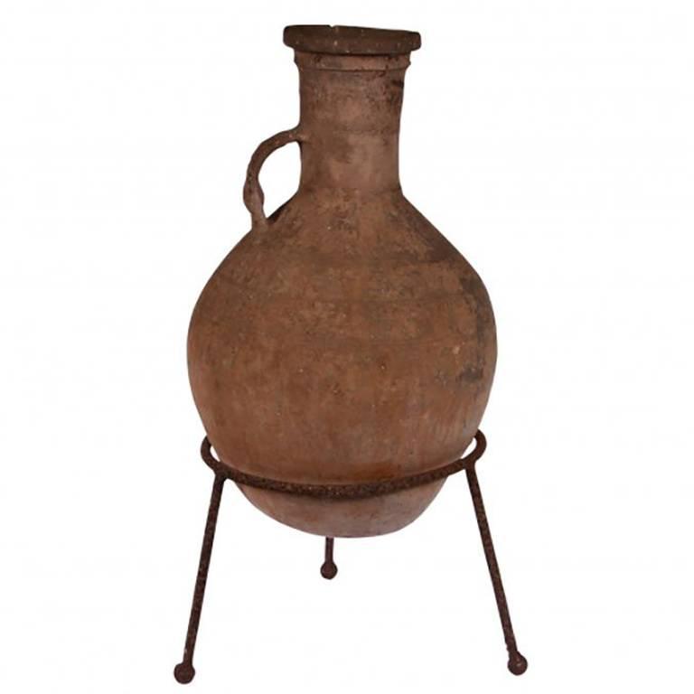Antique Italian Terracotta Olive Oil Jar in Wrought Iron Stand For Sale