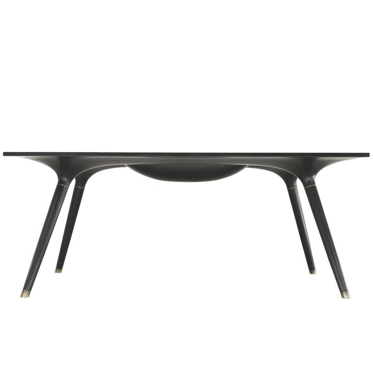 Vincent Pocsik carved-walnut coffee table with brass and leather accents, new