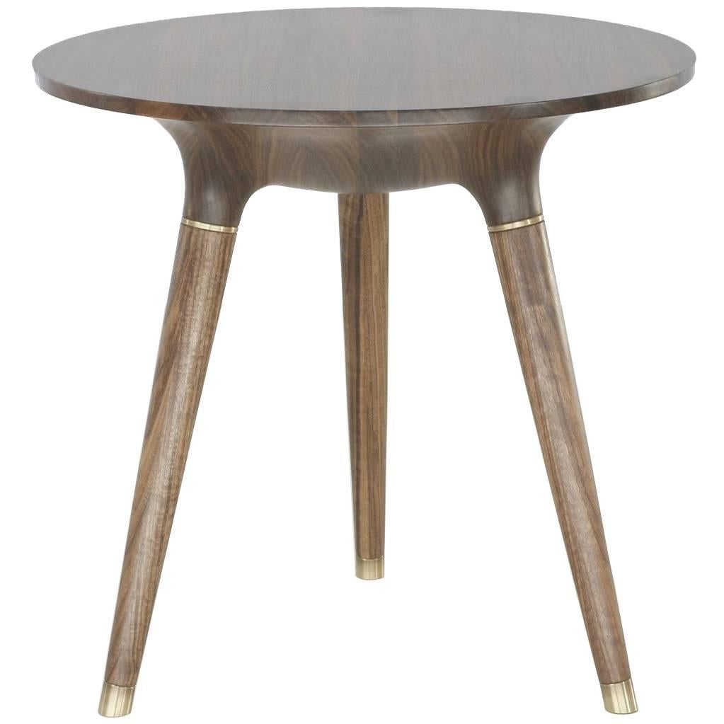Contemporary Side, End or Occasional Table in Carved Walnut with Brass accents