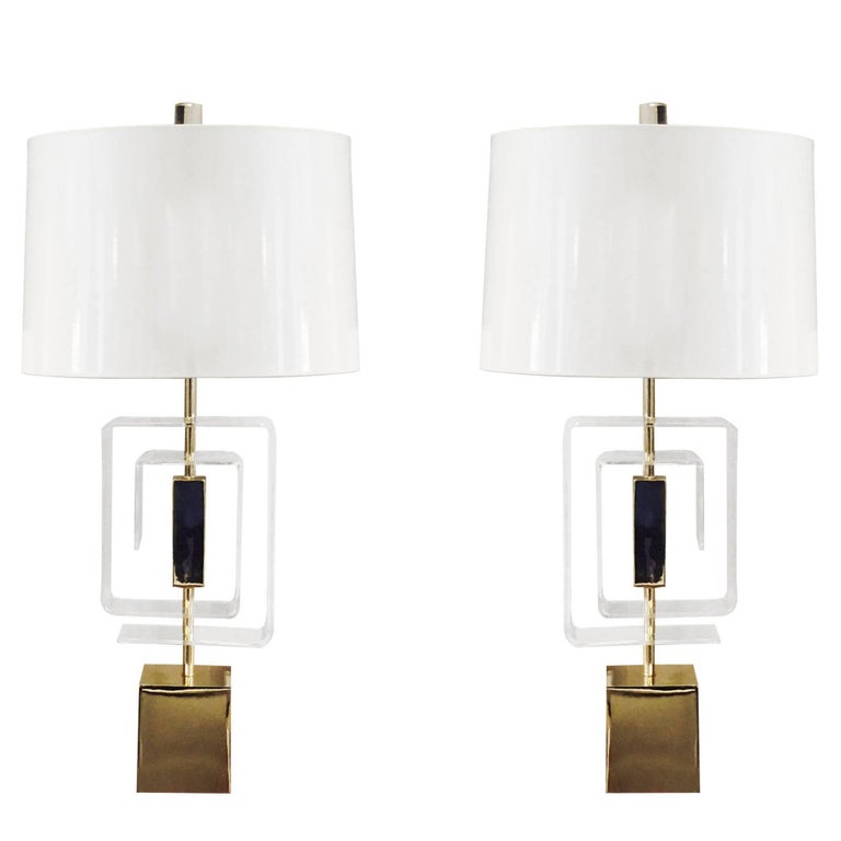 Pair of Lucite and Brass Lamps by Laurel Lamp Company For Sale