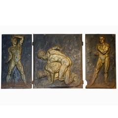 Set of Three Gilt Cast Iron Strong Men Fireplace Backs