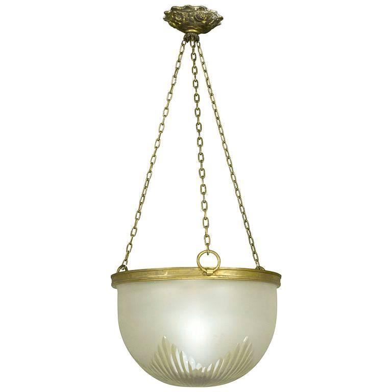 French Art Deco Suspended Fixture with Etched Glass