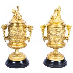 Stunning Pair of Gilded Bronze Cherub Lidded Vases Urns