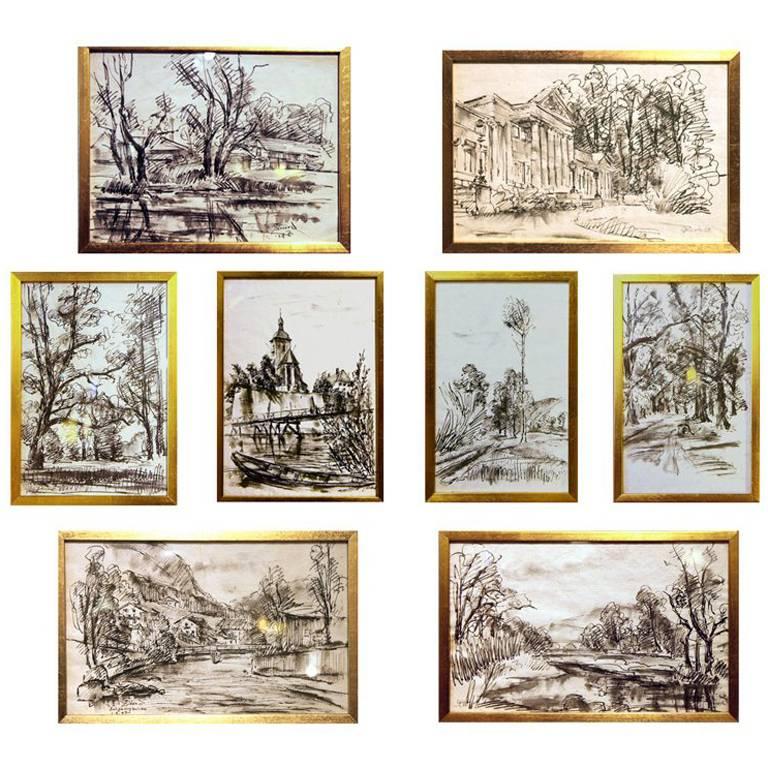 Set of Eight Travel Drawings by G. Piccard For Sale