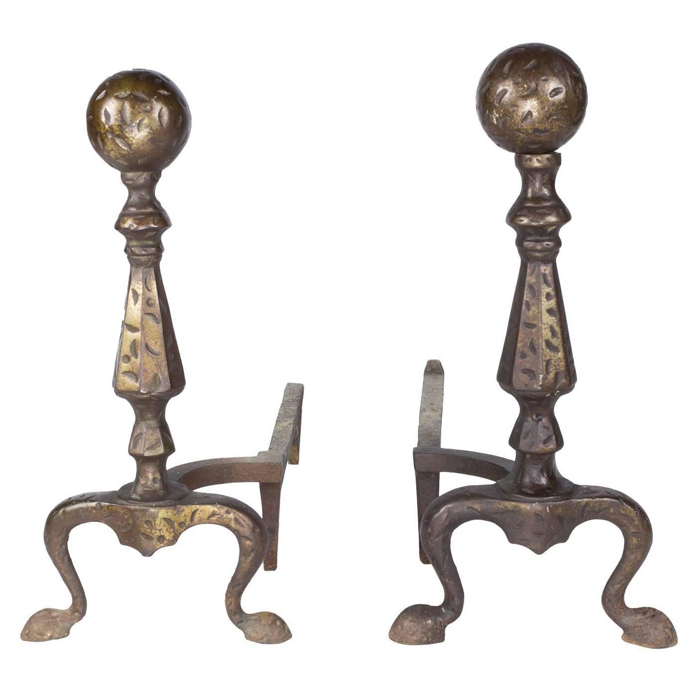 Pair of Hammered Iron Andirons  For Sale