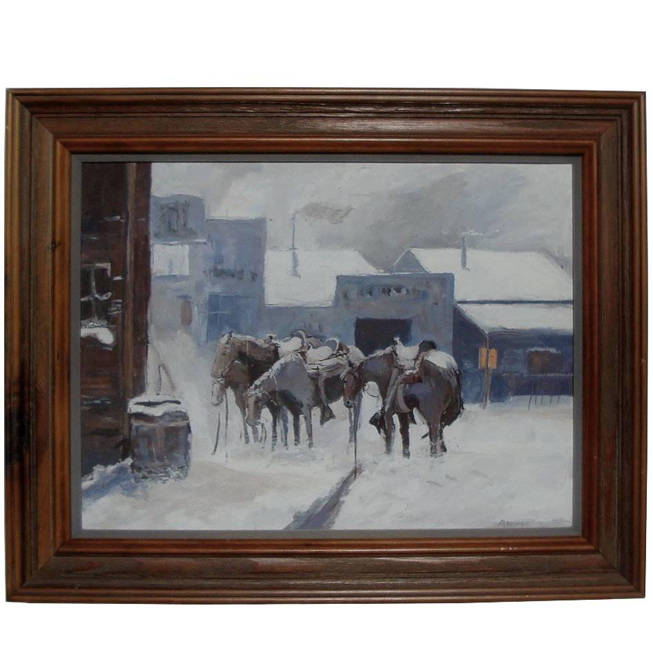1970s Western Snowscape Horse Painting, Framed