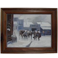 Vintage 1970s Western Snowscape Horse Painting, Framed