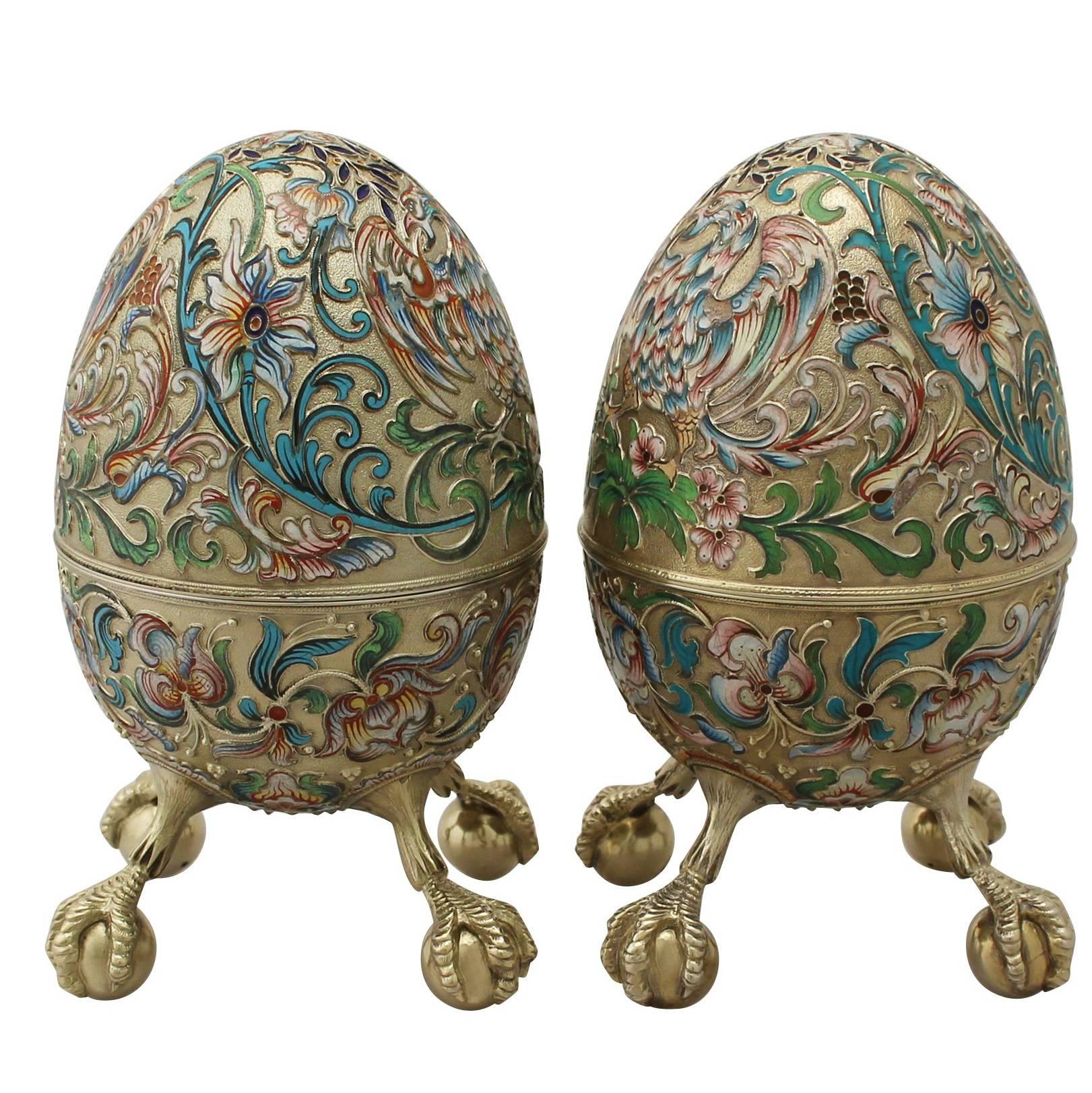 1910s Antique Russian Silver Gilt and Polychrome Cloisonné Enamel Eggs