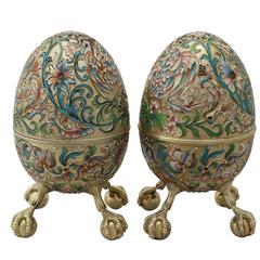 1910s Antique Russian Silver Gilt and Polychrome Cloisonné Enamel Eggs