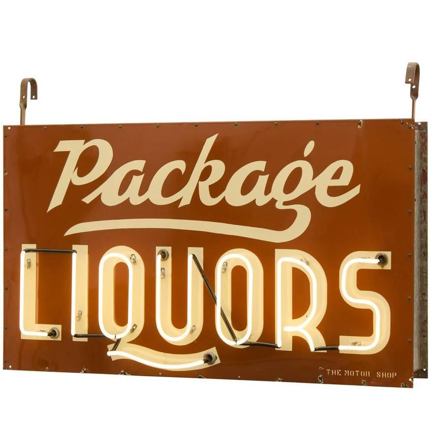 Large Package Liquors Neon Sign with Porcelain Faceplates, circa 1940s