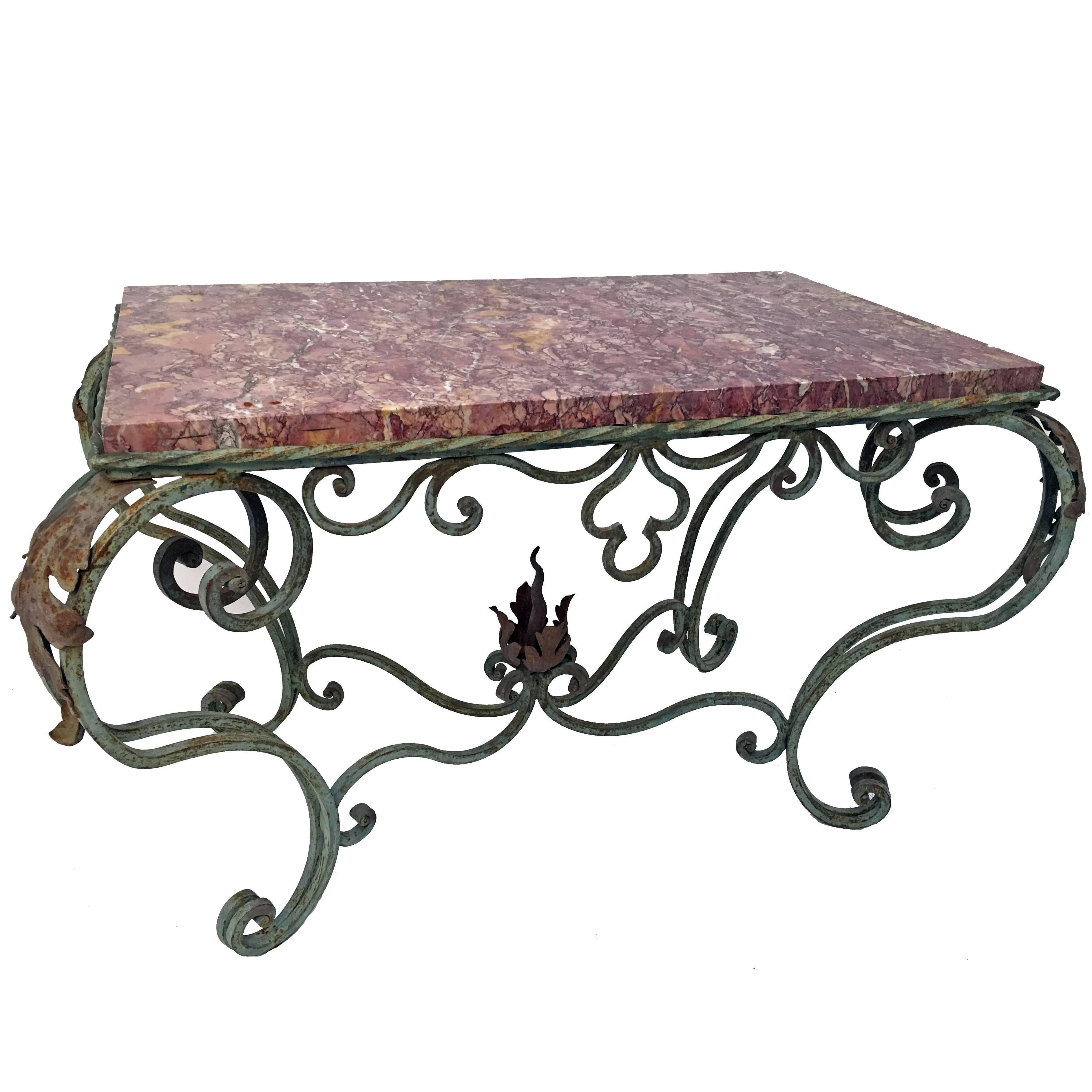 Green Painted Wrought Iron Table with Marble Top