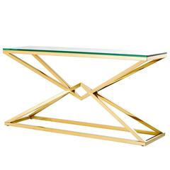 Equis Console Table in Gold Finish with Clear Glass Top