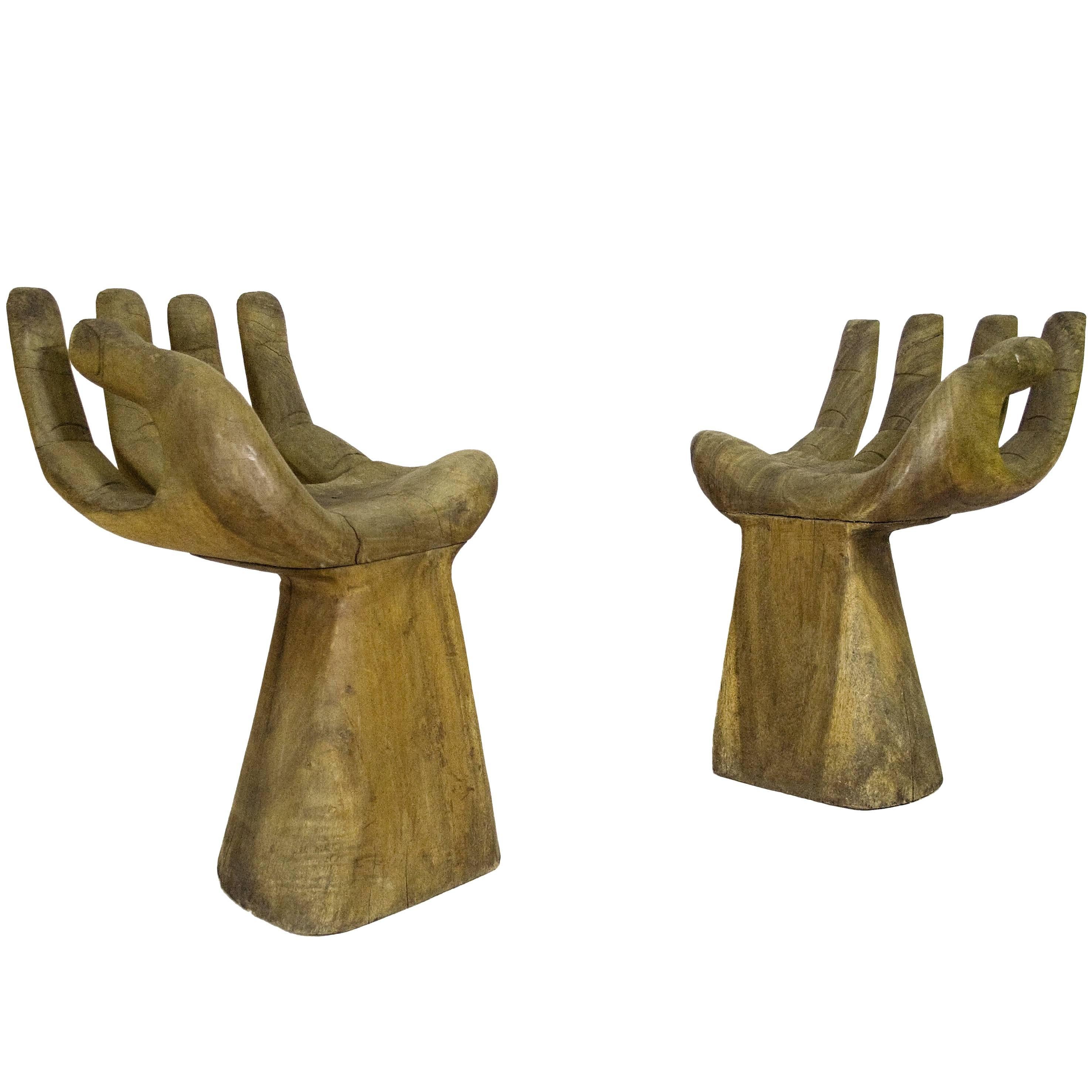 Pair of Pedro Friedeberg Style Wooden "Hand" Stools, circa 1970, Spain