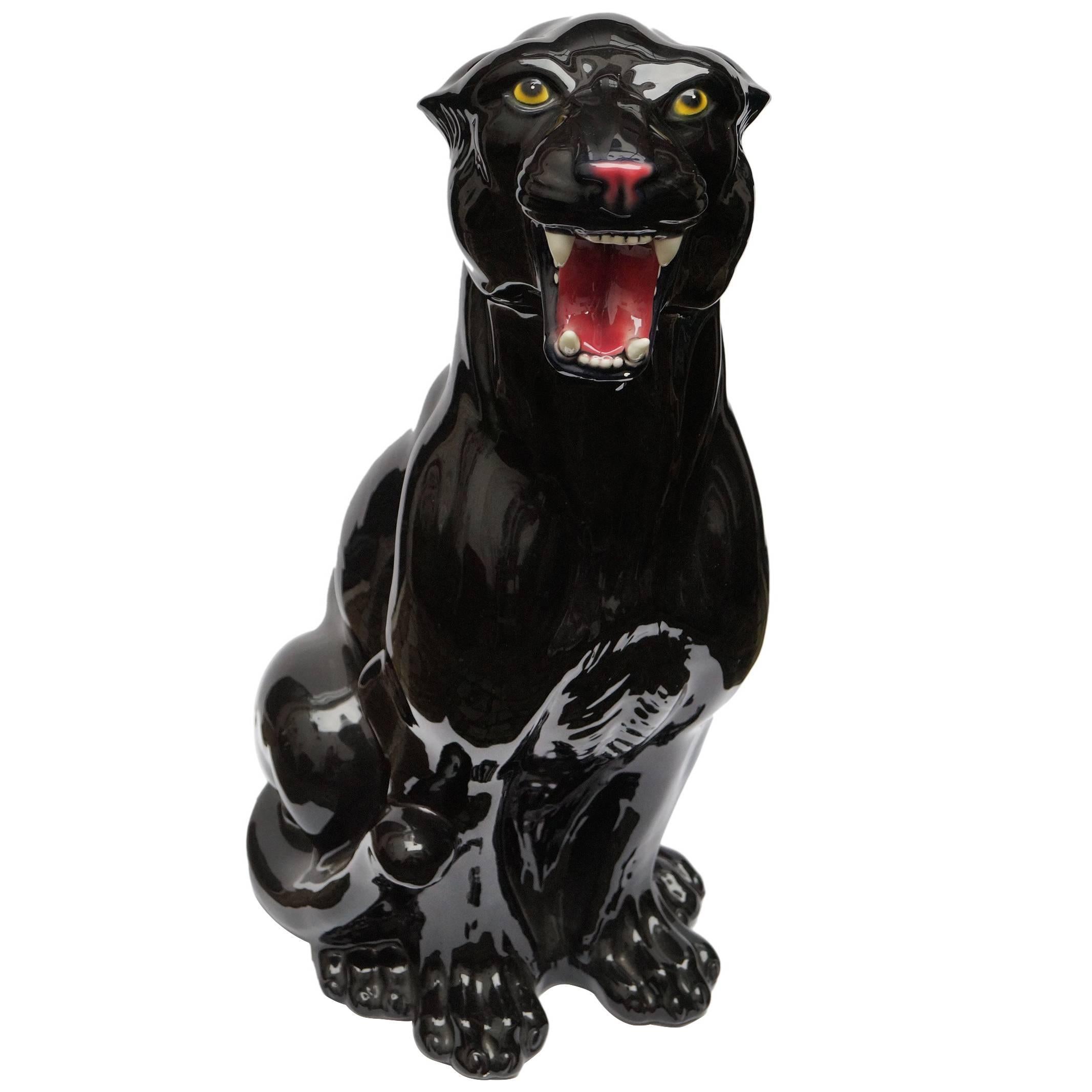 Rare Big Vintage Ceramic Black Panther, Italy, 1960s