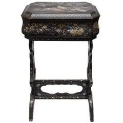 Antique Late 19th Century Chinoiserie Laquered Mother of Pearl Standing Box