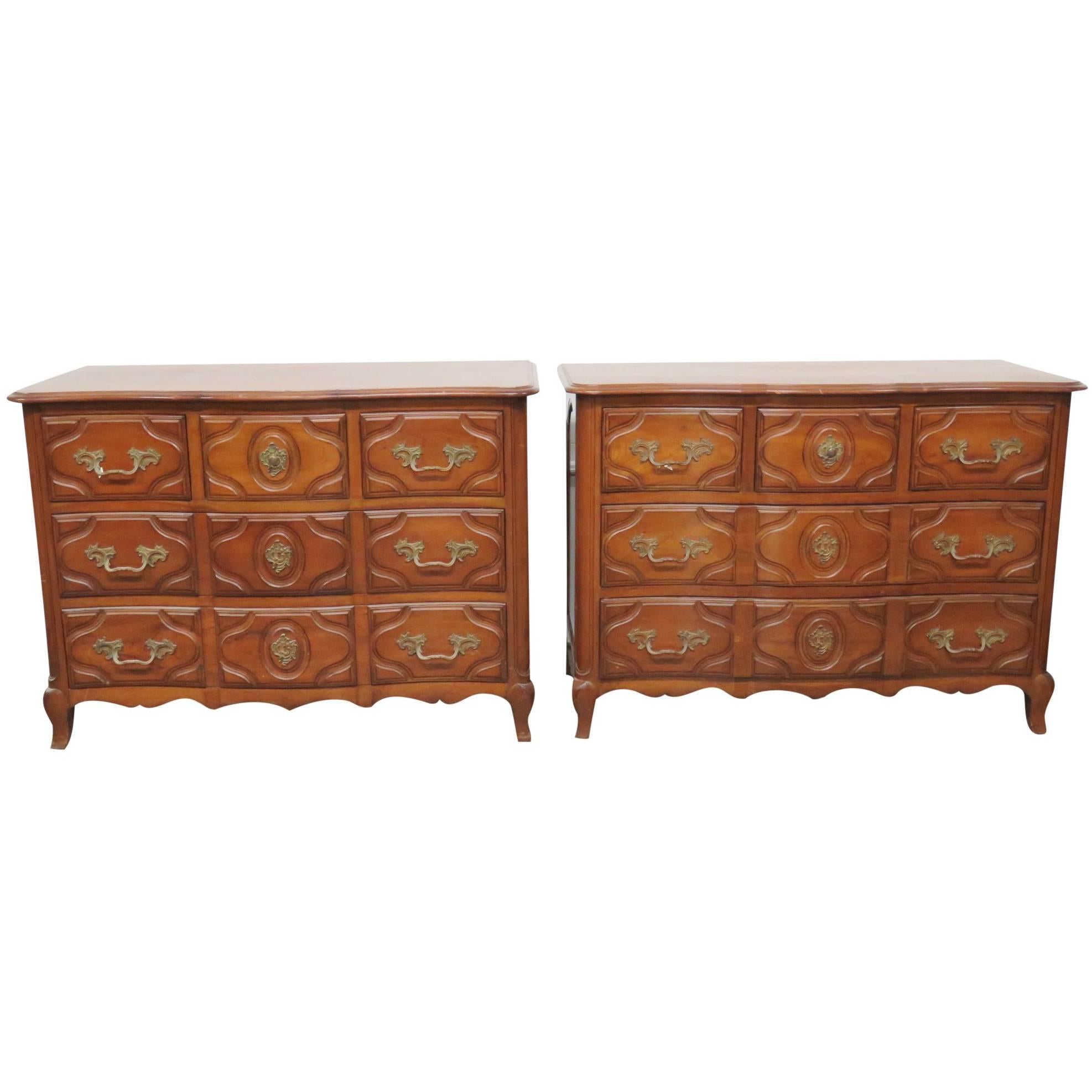 Pair of Auffray Style Carved Walnut Louis XV Commodes Dressers