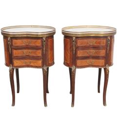 Pair of Louis XV Style Parquetry Inlaid Marble Top Kidney Shaped Stands