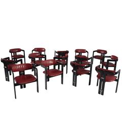 Vintage Augusto Savini Set of 14 Dining Room Chairs with Red Leather Upholstery