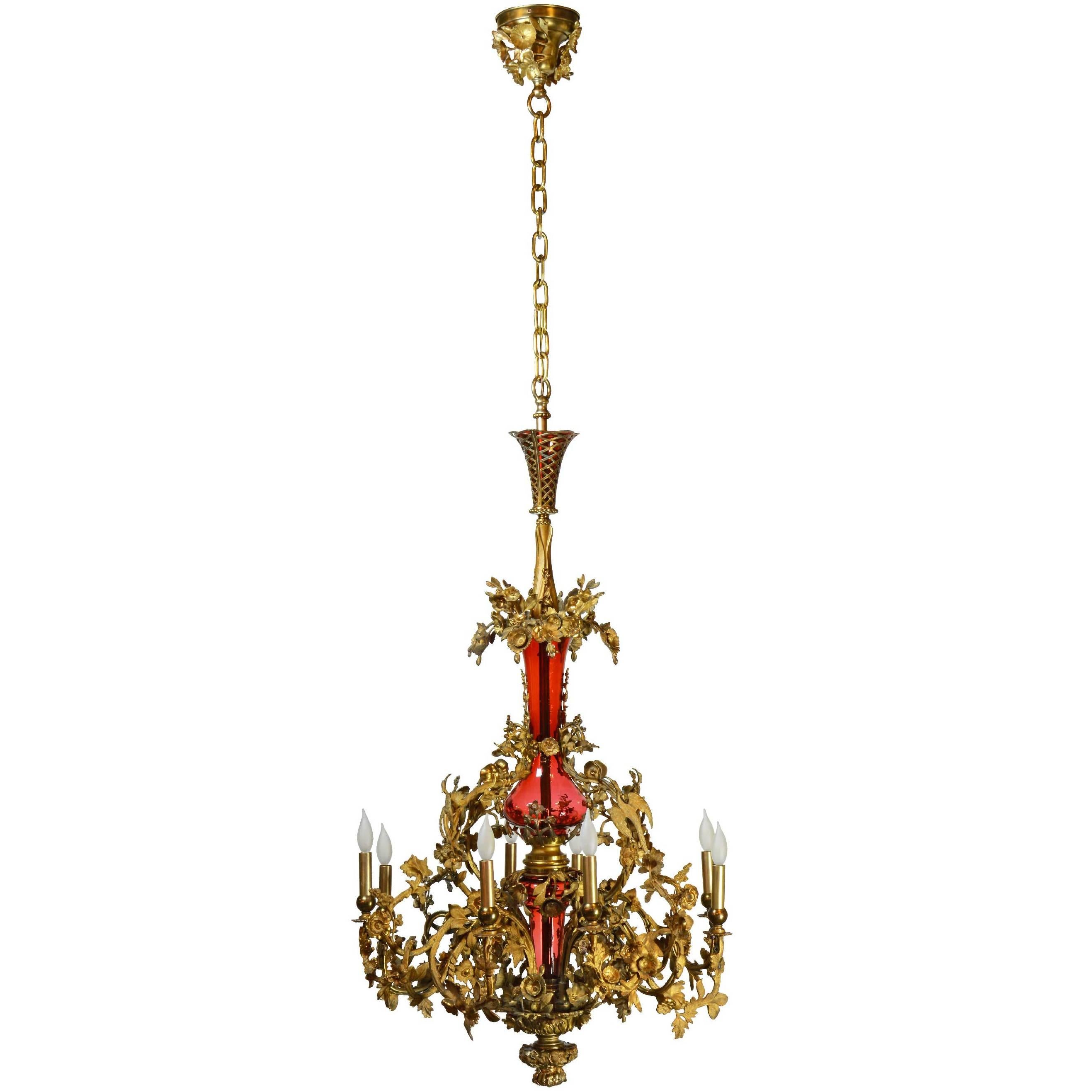 Ornate Brass and Cranberry Glass Converted Gas Fixture, circa 1880 For Sale