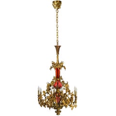 Ornate Brass and Cranberry Glass Converted Gas Fixture, circa 1880