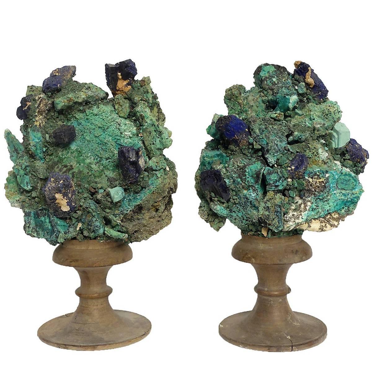 Wunderkammer Mineral Specimen, Pair of Light Blue and Blue Quartz Flakes Druzes