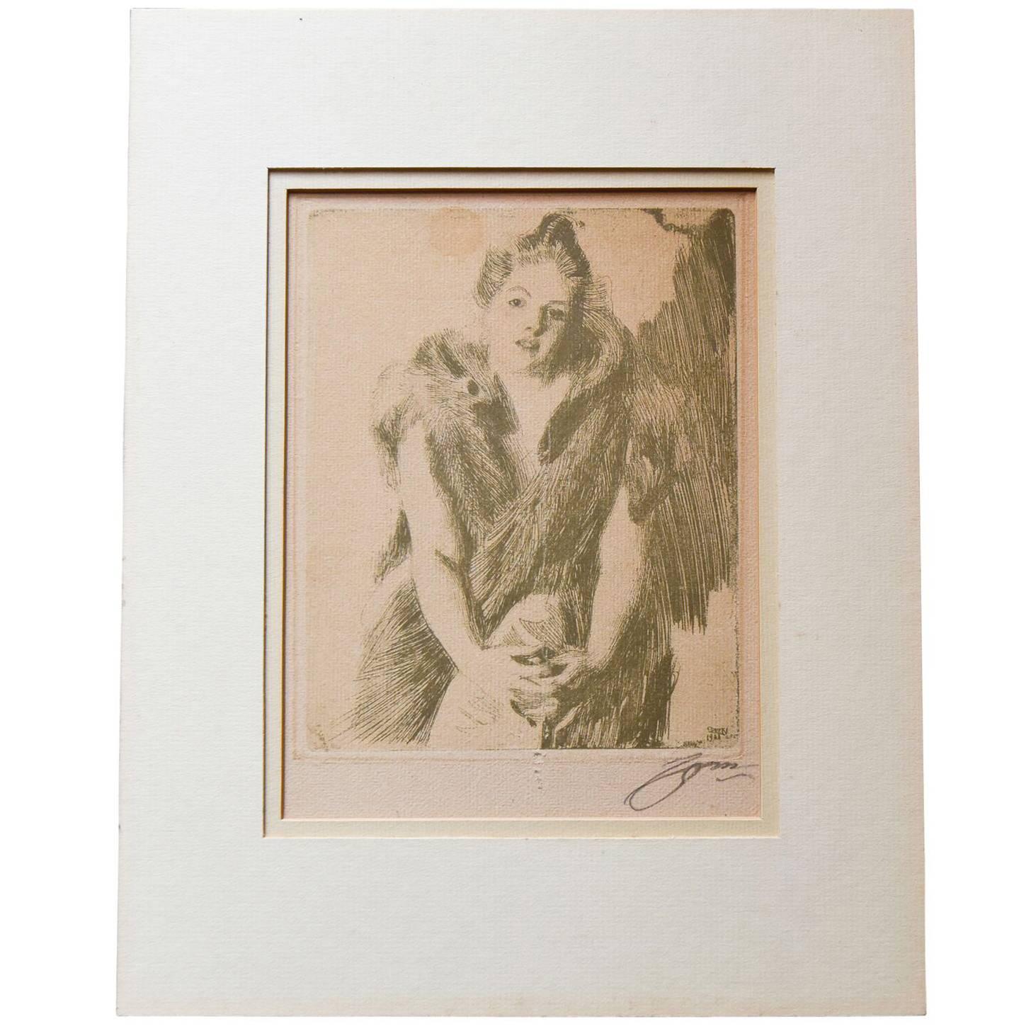Bookplate Sketch Signed by Anders Zorn