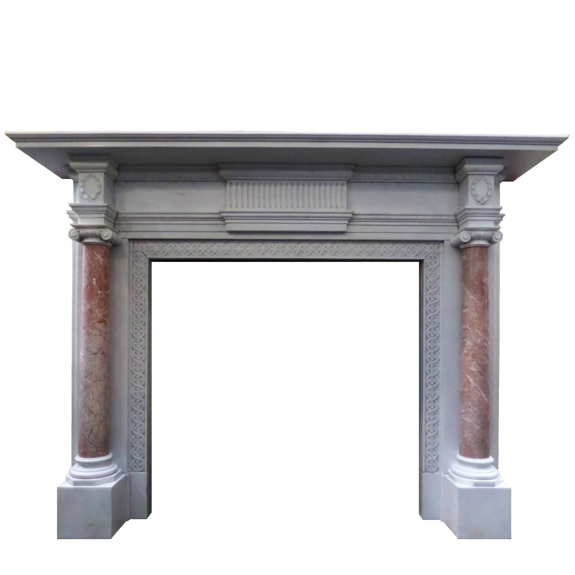20th Century Regency Statuary Marble Chimneypiece with Rosa Marble Pillars For Sale