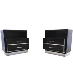 Pair of Lacquered Oak and Steel Bedside Tables, 1970s