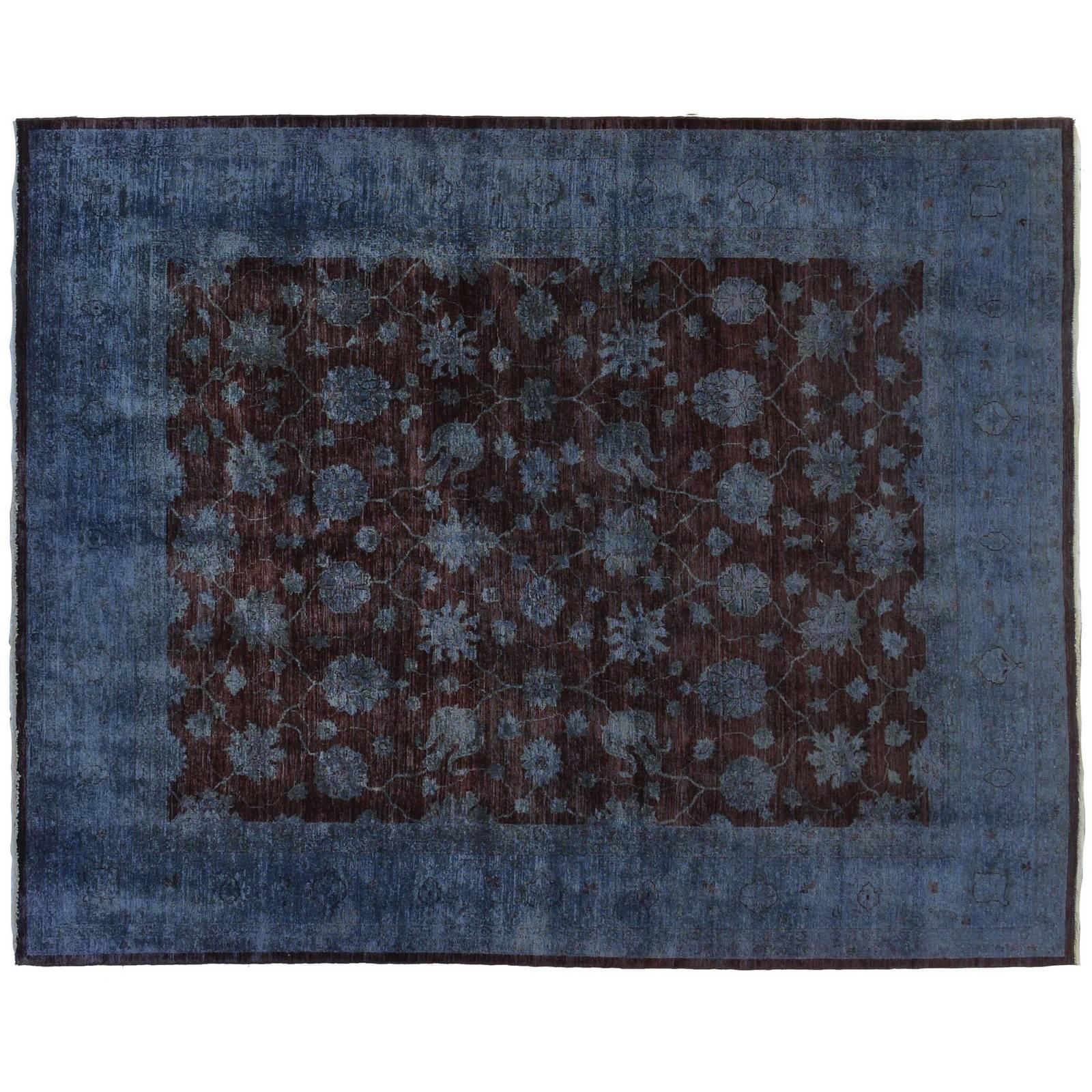 Silky Wool Blue and Brown Rug For Sale
