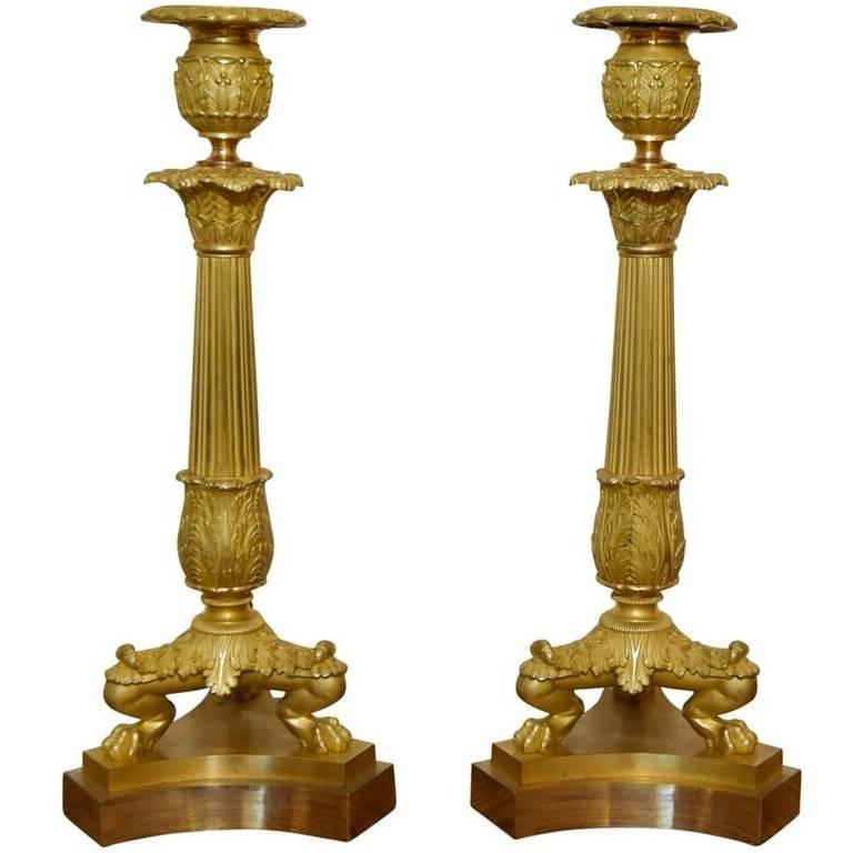 Neoclassical Style Gilt Bronze Ormolu Candlestick Pair