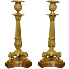 Neoclassical Style Gilt Bronze Ormolu Candlestick Pair