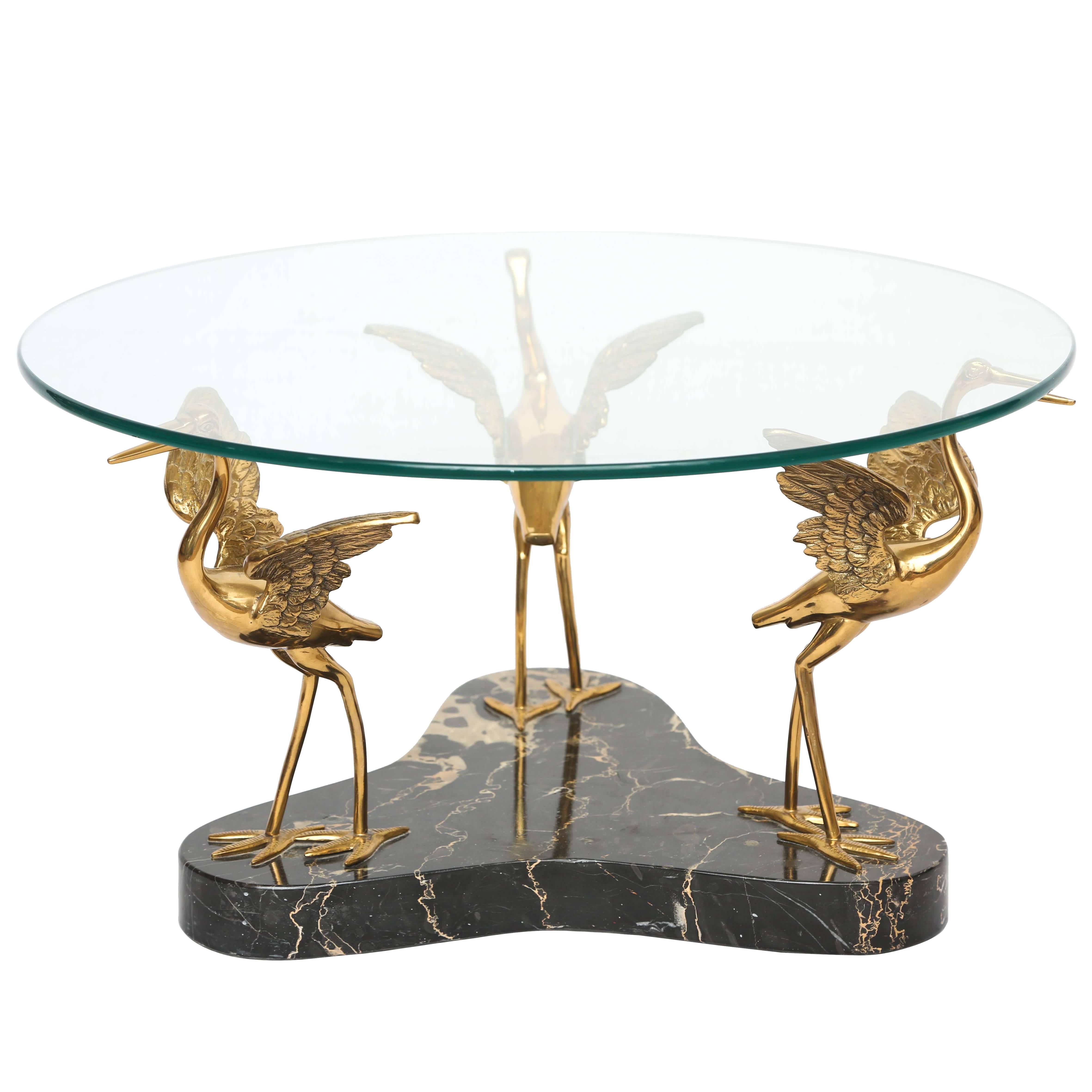 Round Marble and Brass Birds Coffee Table in the Style of Willy Daro