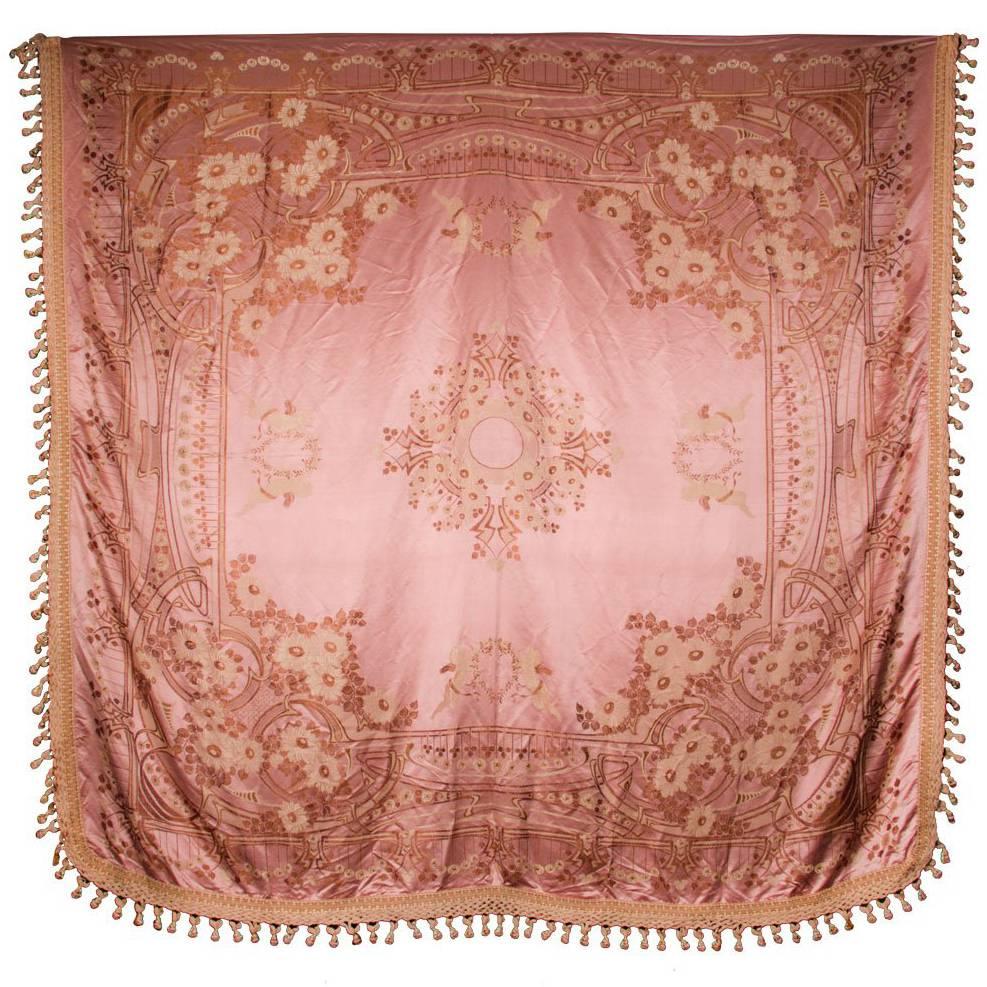 Beautiful and Fine Art Nouveau Silk Damask Coverlet For Sale