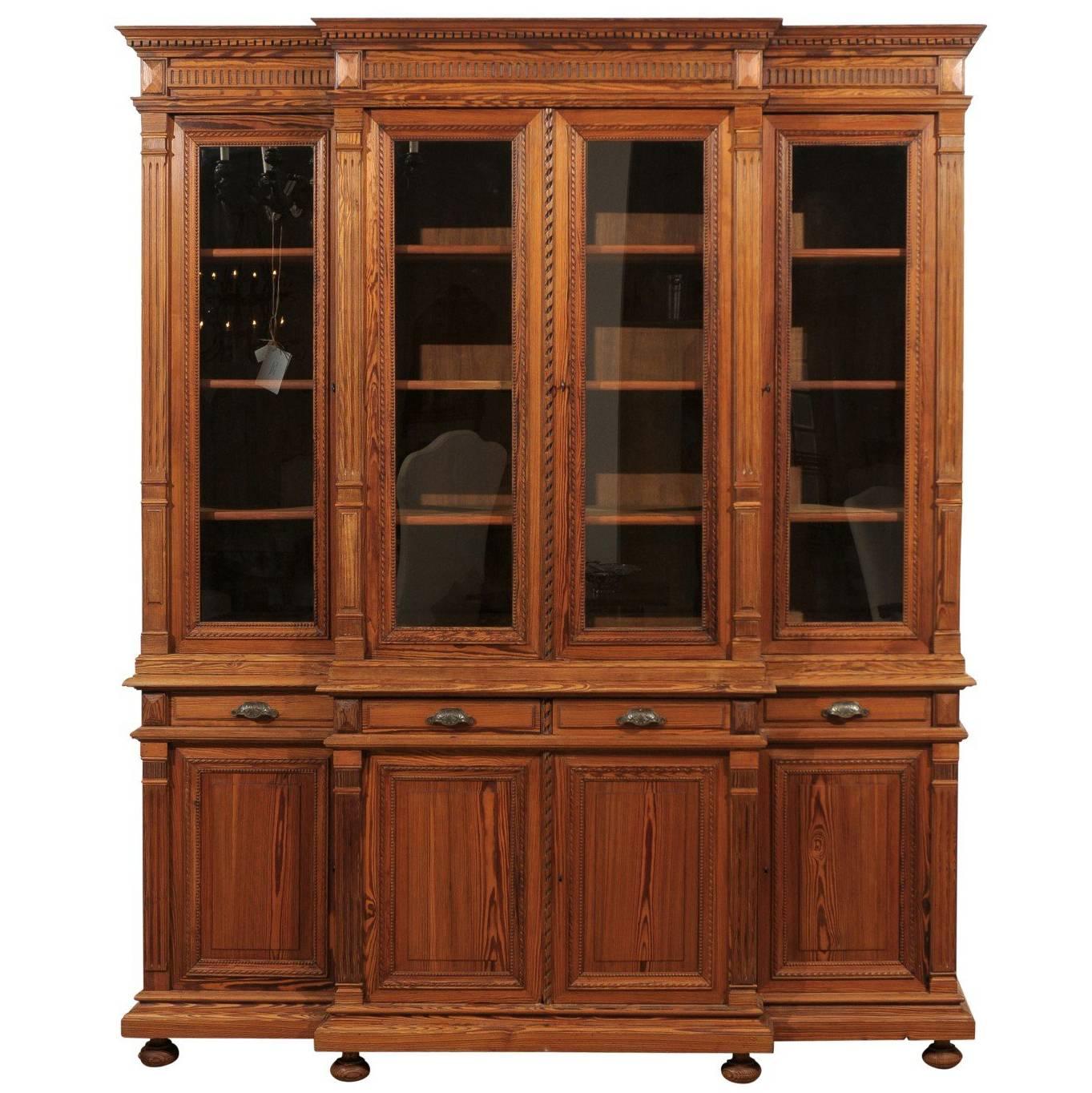 Imposing Victorian Pitch Pine Breakfront Bookcase c.1850 at 1stDibs