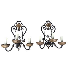 Pair of Circa 1920s French Hand Wrought Iron Three-Arm Sconces, Gilt Detail