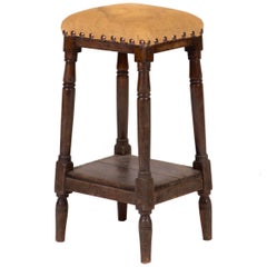 Late 19th Century Tall Upholstered English Stool with Bottom Shelf