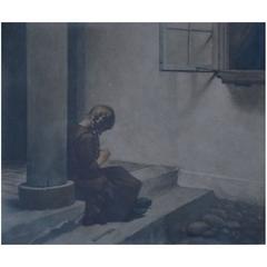 Peter Ilsted Exterior with Sitting Girl on the Stairs, Mezzotinte