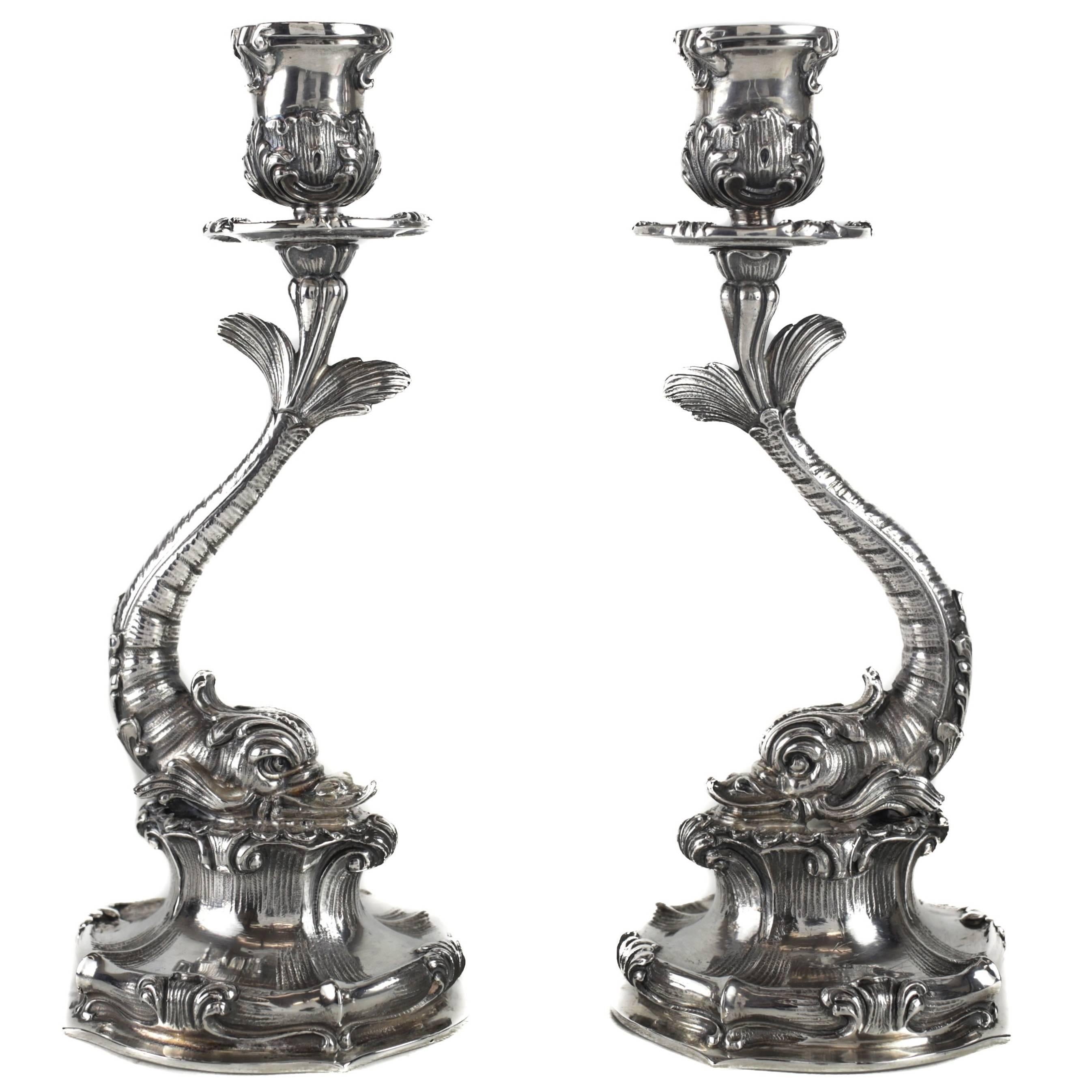 Pair of Italian Sterling Dolphin Candlesticks by Pradella Ilario for Bucellati