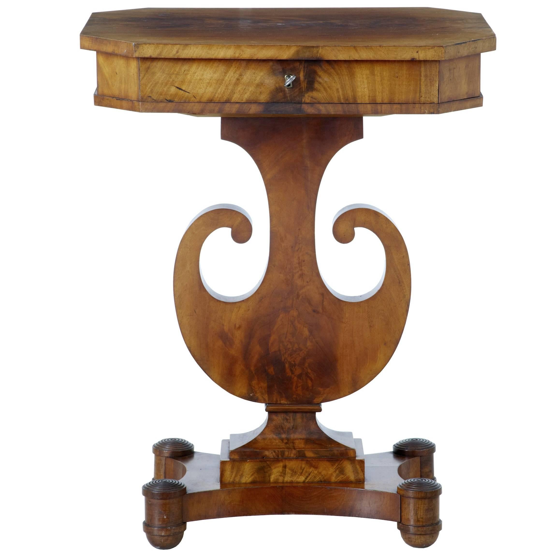 19th Century Flame Mahogany Lyre Form Sewing Table