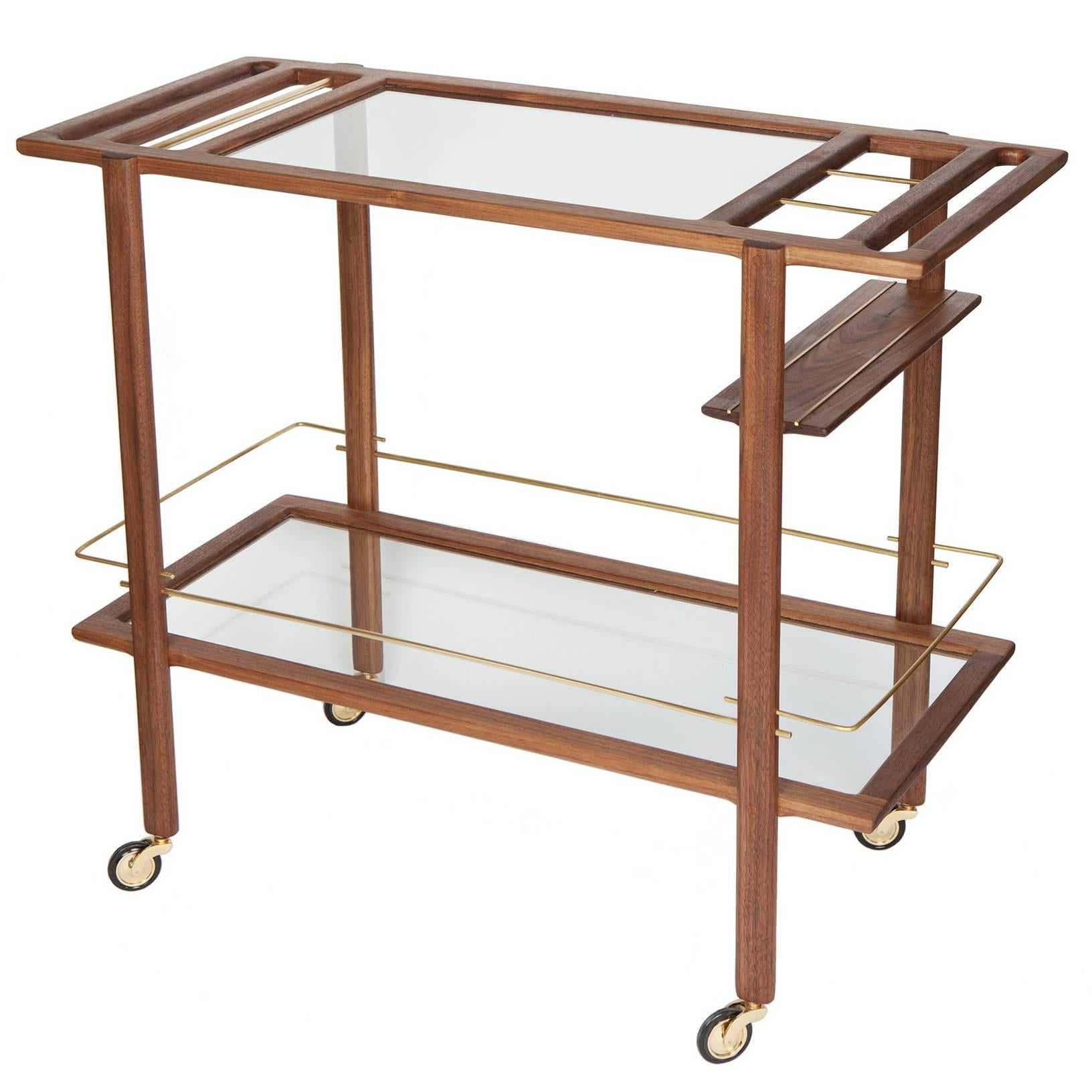 Walnut, Brass and Glass Barcart For Sale
