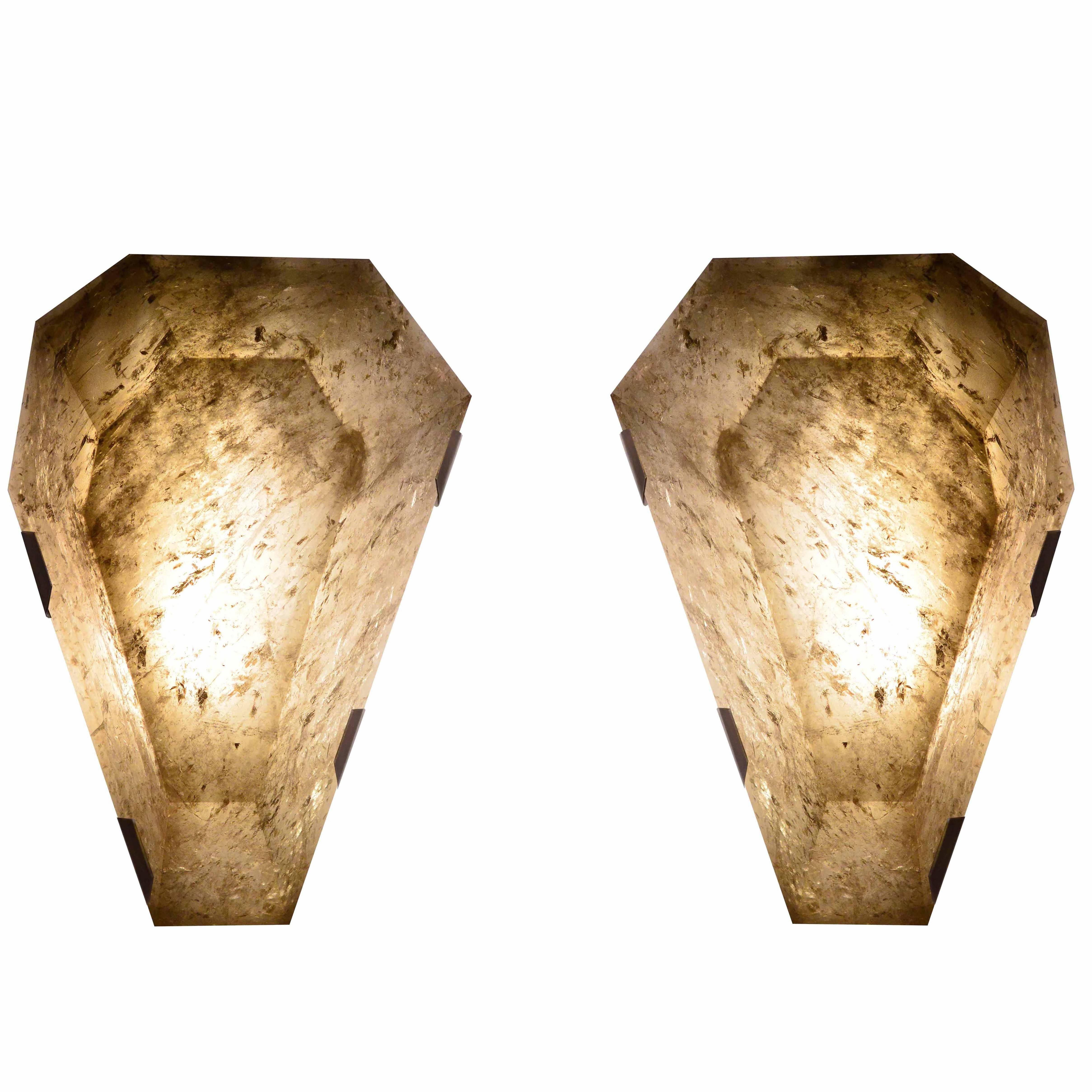 Pair of Diamond Form Smoky Brown Rock Crystal Sconces For Sale