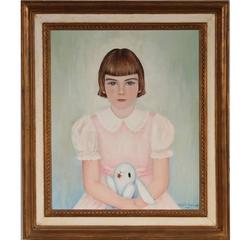 Vintage Framed Oil on Canvas of a Young Girl with Stuffed Rabbit, Signed