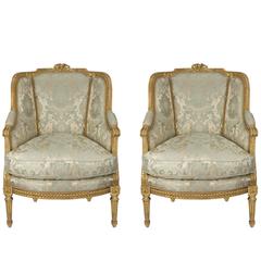 Pair of French 19th Century Louis XVI St. Carved Giltwood Bergères