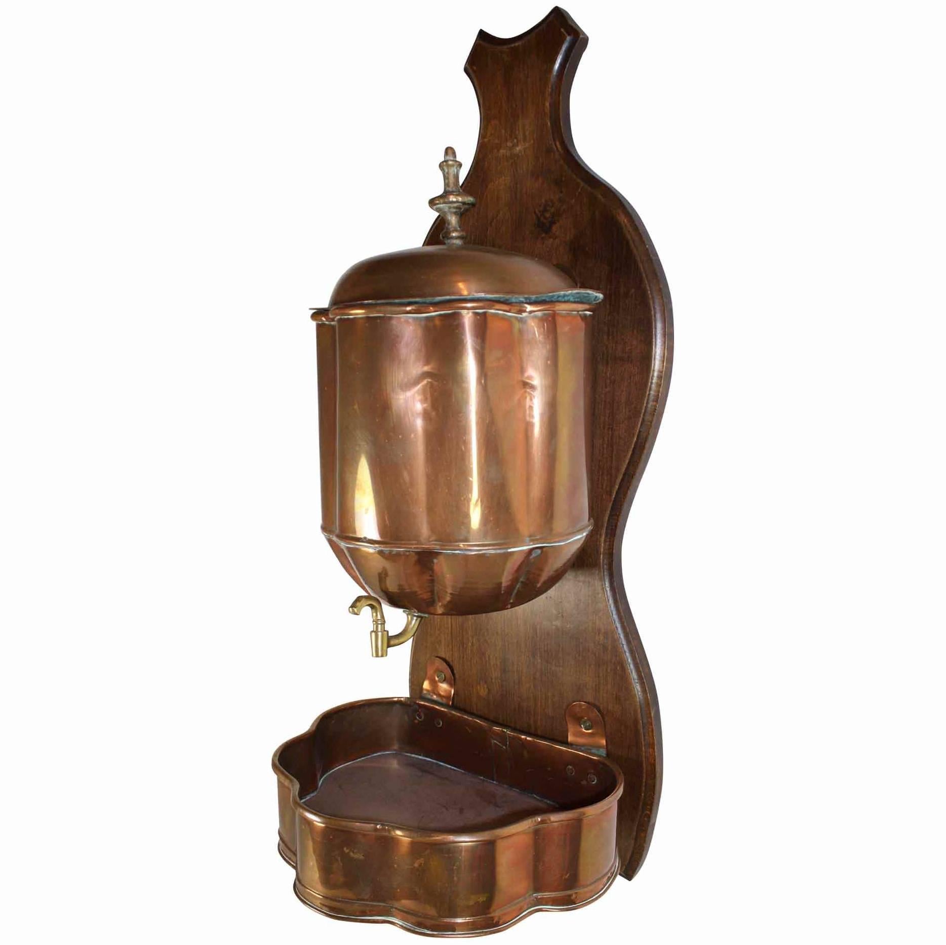 French Copper Lavabo on Walnut Wall Mount, circa 1890 For Sale