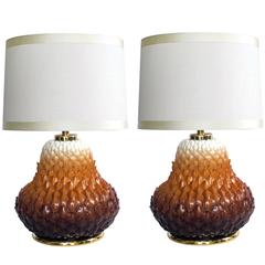 Exceptional Pair of French Russet-Glazed Artichoke-Form Porcelain Lamps