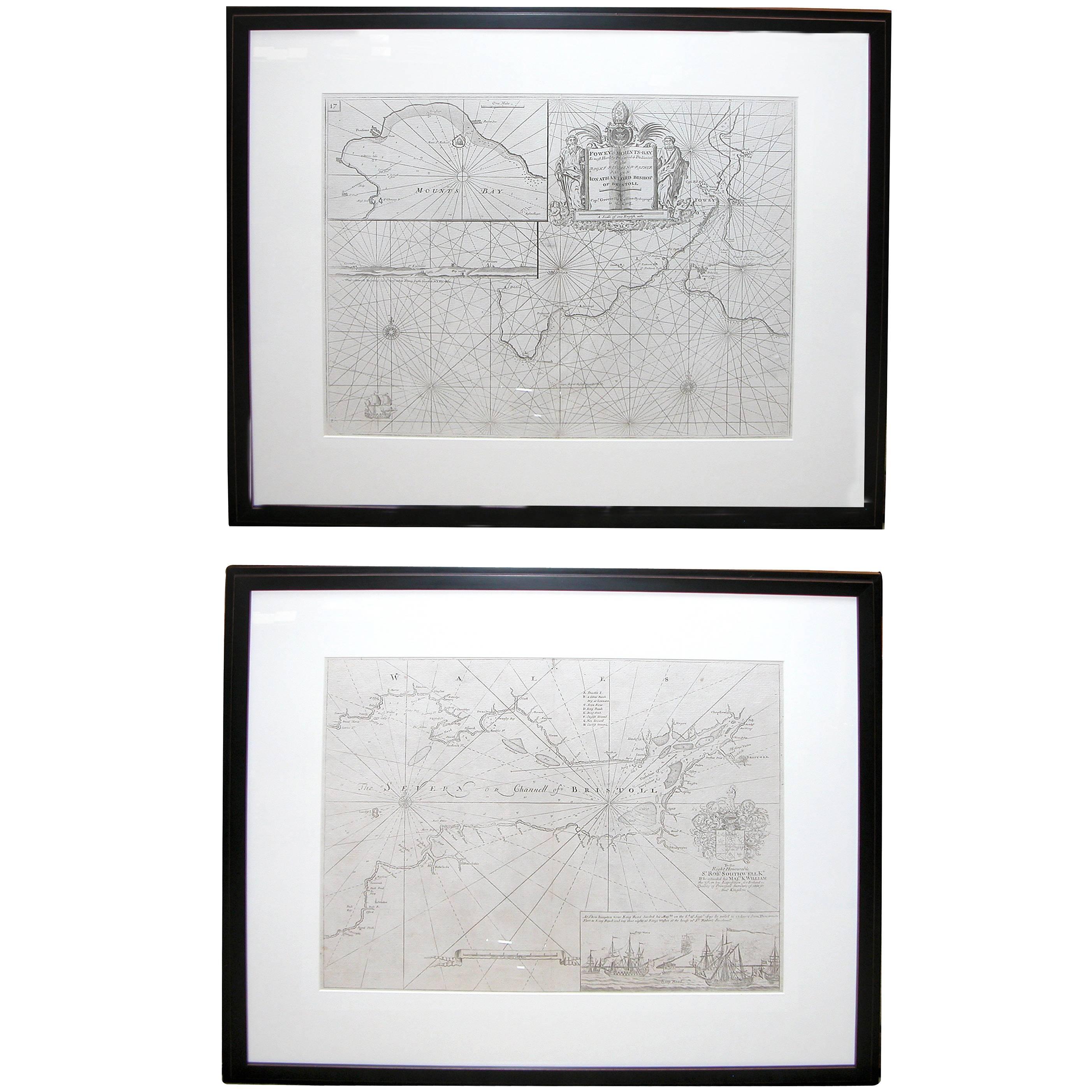 Handsome Pair of Framed Sea Charts by Captain Greenvile Collins For Sale