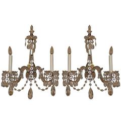Pair of Antique Victorian Cut-Crystal Two-Light Sconces