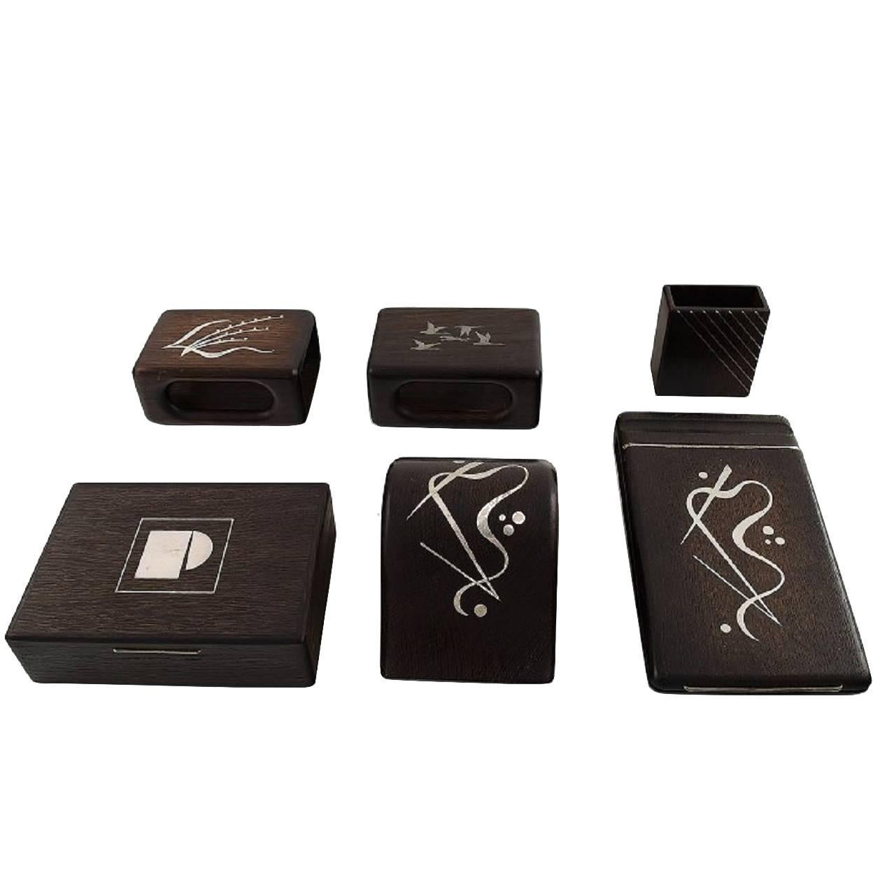 Dänisches Design-Set aus sechs Teilen aus Palisanderholz mit Silberintarsien, Schachtel, Notizbuchstabe und mehr