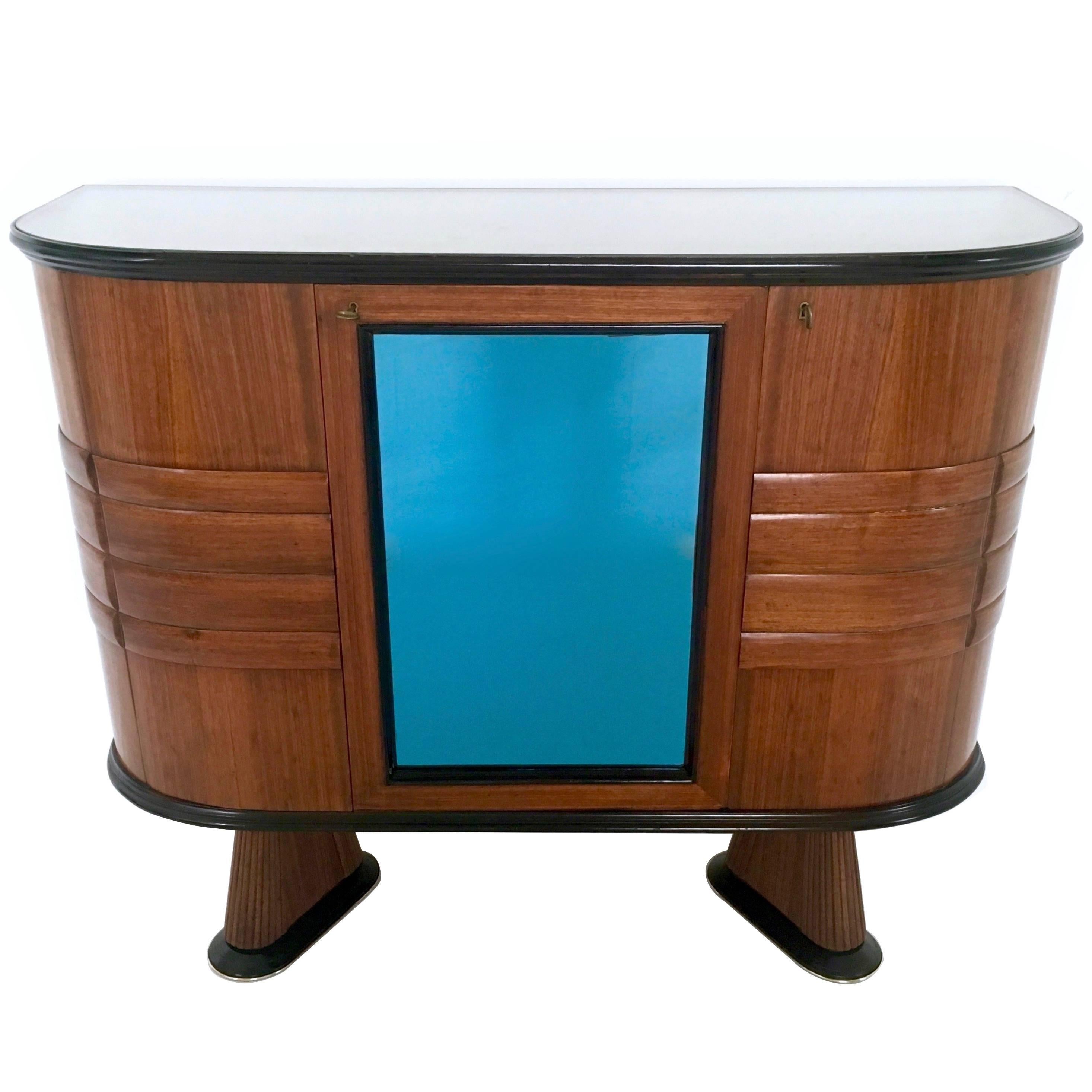 Italian Wood and Blue Mirror Bar Cabinet, 1950s